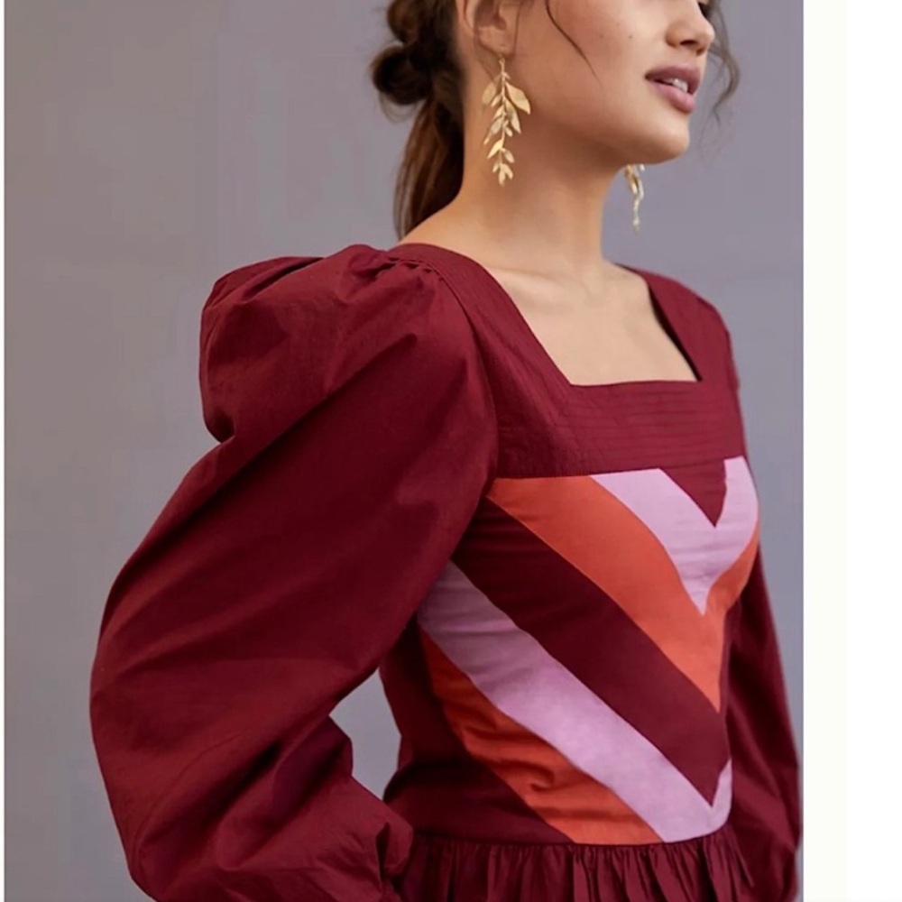 Anthropologie Love The Label Smocked Puff-Sleeve Blouse in Orange Motif. Size S